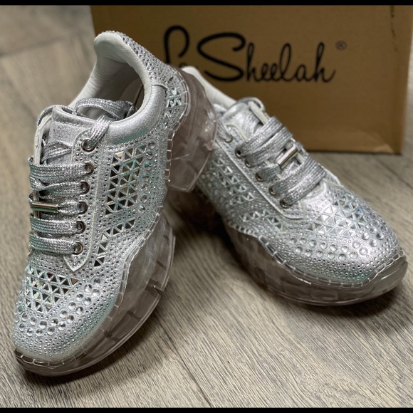 Lace Up Rhinestone Silver Chunky Platform Sneakers NWB! - Picture 1 of 16